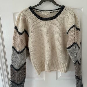 LoveShackFancy Cream Sweater with Gray and Brown Chevron Sleeves